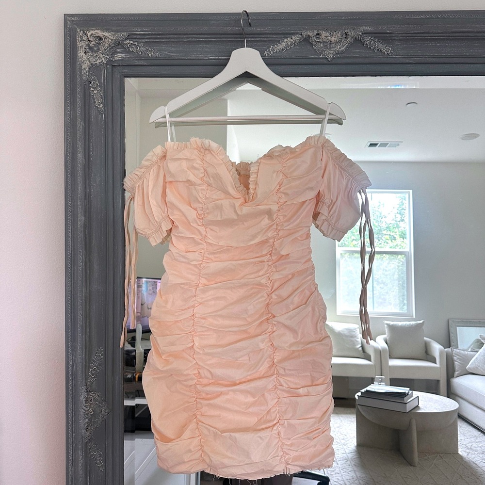 Choosy Ruched Off The Shoulder Bodycon Mini Dress Ruffle Sweetheart Peach 6 S - Picture 7 of 11